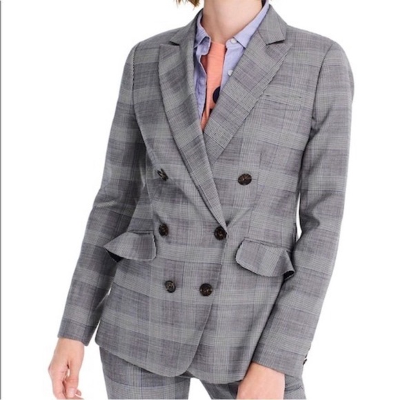J Crew Glen Plaid Wool Ruffle Pocket Double Breasted Blazer Size 4 - Picture 2 of 16